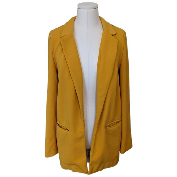Womens Mustard Yellow Open Front Blazer Jacket Longline Office School Classic L - Picture 2 of 11